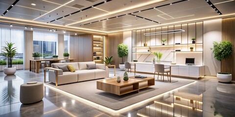 Fototapeta premium modern minimalist showroom interior spacious airy atmosphere sleek high-tech gadgets embedded furniture pieces futuristic ambiance soft golden lighting subtle pastel hues
