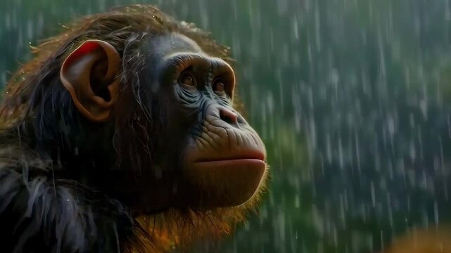 Video recreation of a hominid looking the rain falls in the jungle
