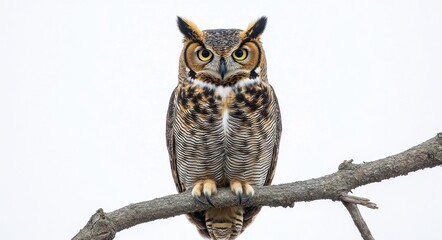 Fototapeta premium A majestic great horned owl perched on a branch against a clear sky during daylight hours