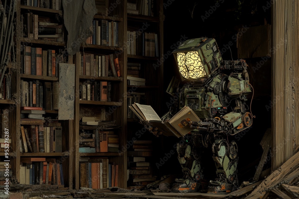 Poster robot exploring an abandoned library reading books