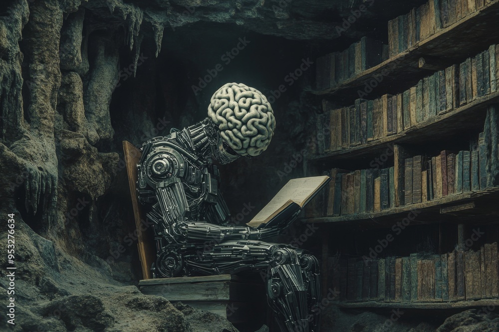Poster robot with exposed brain reading in a cave library