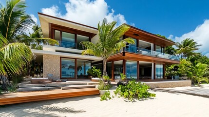 Fototapeta premium Luxurious beachfront property with modern architecture, pristine beach, palm trees, and bright midday lighting