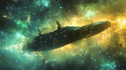 Obraz premium A large, futuristic spaceship is gliding through a vibrant, colorful nebula in deep space. The spacecraft is elongated with intricate details, illuminated windows, and towering structures on its surfa