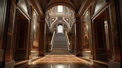 Fototapeta premium perspective view from the floor level, capturing the hallway's grandeur with an upward view of the staircase