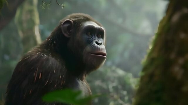 Video recreation of a hominid bipedal under the rain in the jungle