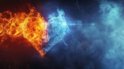 Fototapeta premium Abstract heart shaped fire and ice with glowing sparkles.