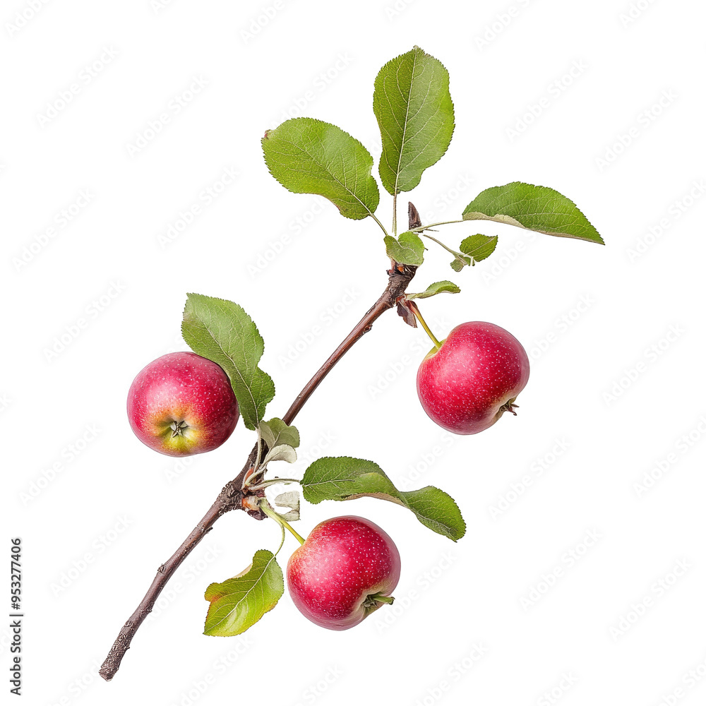 Poster a twig with ripe red apples and green leaves is shown against a bright transparent background, apple