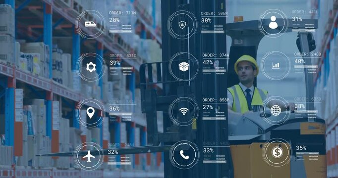 Warehouse worker operating forklift, logistics data processing animation over warehouse background