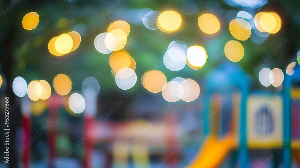 Poster a blurred playground scene illuminated by soft lights, creating a warm and inviting atmosphere for l