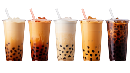 Various Bubble Tea or Boba on white isolated on clear png background and transparent background. food drink and dessert concept for cafe and restaurent, AI generative.	
