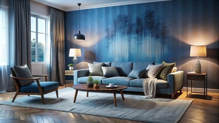 Moody blue ombre walls envelop dark wood furniture in snug living room with rich textiles, warm floor lamps, and soft natural light seeping through pale curtains.