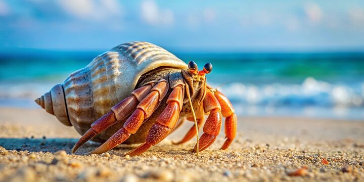 Big hermit crab walking on the beach with a large shell