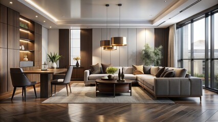 Moody Clarity modern minimalist chic ambiance white walls dark wood furniture sleek lines rich textures golden hour soft focus depth of field blur