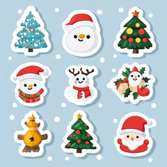 Cute Christmas icons featuring snowman, Christmas trees, and festive decorations create joyful holiday atmosphere.
