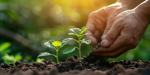 A pair of hands gently plant a young sapling in rich soil, with sunlight shining through the leaves, symbolizing growth and renewal.