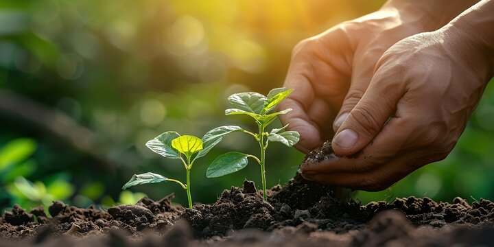 A pair of hands gently plant a young sapling in rich soil, with sunlight shining through the leaves, symbolizing growth and renewal.