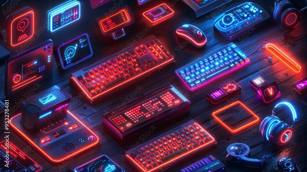 Poster create a series of neon tech support symbols, including shimmering