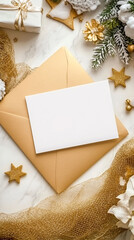 A beautiful flat lay of white postcard on golden envelope, surrounded by festive decorations, creating warm holiday atmosphere.