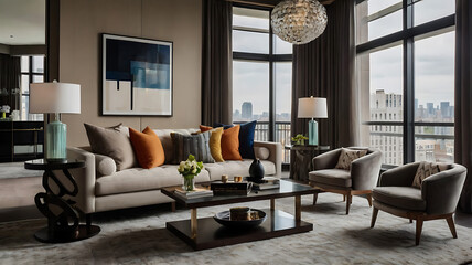 Fototapeta premium Modern Living Room Interior with Colorful Pillows,Cozy luxurious living room,Contemporary living room