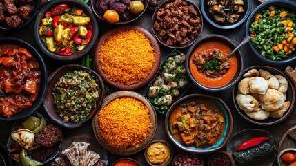 Fototapeta premium A table full of traditional Nigerian food with many different dishes, including rice, beans, and meat