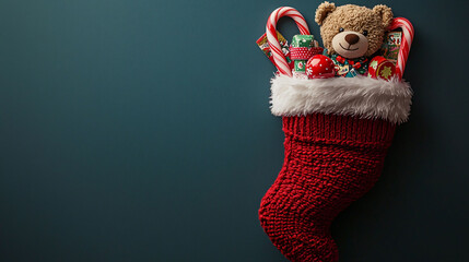 A cheerful Christmas stocking filled with candy canes, teddy bear, and colorful gifts brings festive joy to holiday season.