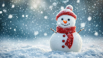 A playful snowman with carrot nose, button eyes, and red scarf stands in falling snow, creating cheerful winter scene.