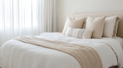 Obraz premium A cozy and inviting bedroom featuring soft neutral tones, plush pillows, and natural light streaming through sheer curtains.