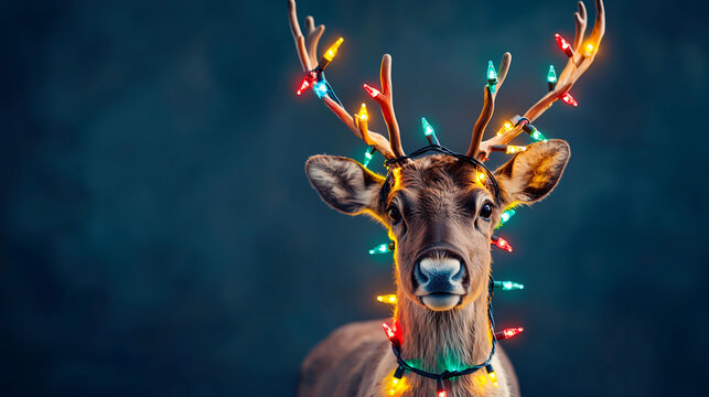 A playful reindeer adorned with colorful Christmas lights brings festive spirit. Its bright eyes and decorated antlers create joyful atmosphere.