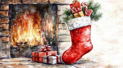 A cozy Christmas scene featuring red stocking filled with gifts and greenery, set against warm fireplace.