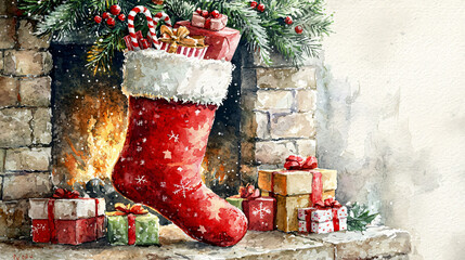A cozy Christmas scene featuring red stocking filled with gifts, hanging by warm fireplace adorned with greenery. atmosphere is festive and inviting.