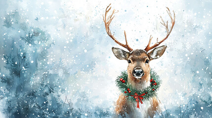 A watercolor illustration of reindeer adorned with festive wreath, surrounded by snowy landscape, evokes cheerful holiday spirit.