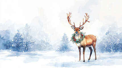 A watercolor illustration of reindeer adorned with festive wreath, standing in snowy landscape surrounded by trees. serene winter scene evokes sense of holiday cheer.