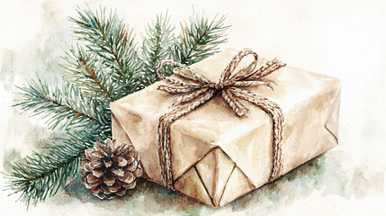 A beautifully wrapped gift with rustic twine bow, surrounded by pine branches and pine cone, evokes warm, festive feeling.
