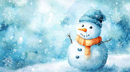 A cheerful snowman stands in snowy landscape, adorned with blue hat and an orange carrot nose, surrounded by falling snowflakes.