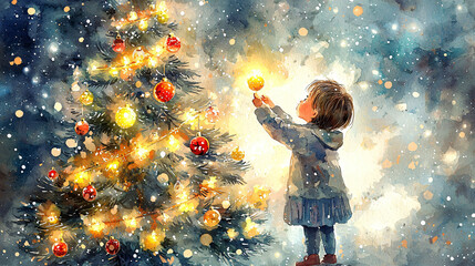 A child decorates Christmas tree with joy, surrounded by falling snow and twinkling lights. scene captures magic of holiday season.