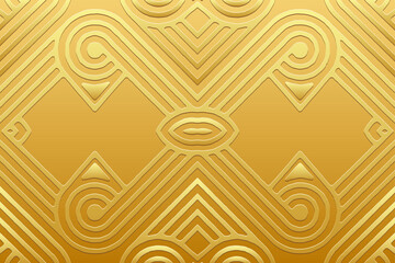 Embossed gold background, tribal cover design, banner. Geometric gold vintage 3D pattern. Embossed ornaments, handmade, boho style. Ethnicity of the East, Asia, India, Mexico, Aztec, Peru.