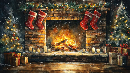 A cozy fireplace scene adorned with stockings, surrounded by Christmas trees, presents, and warm fire, evokes festive holiday spirit.