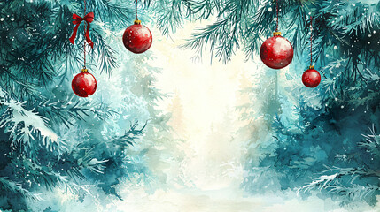 A serene watercolor scene of winter forest adorned with red Christmas ornaments, evoking festive and tranquil atmosphere.
