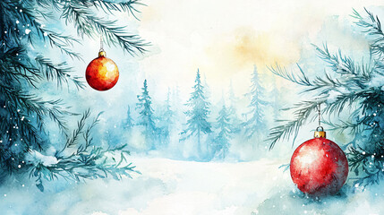 A serene watercolor scene of winter forest adorned with Christmas ornaments, evoking peaceful holiday spirit.