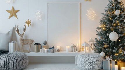 Cozy winter scene featuring decorated Christmas tree, gifts, and festive ornaments, creating warm holiday atmosphere.
