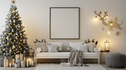 Cozy Christmas living room with decorated tree, gifts, and blank frame for personal touch. warm lights create festive atmosphere.