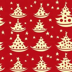 Festive Christmas tree pattern on red background, featuring yellow trees and stars, perfect for holiday decorations.