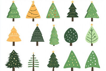 Colorful Christmas trees in various styles and decorations create festive atmosphere. Perfect for holiday themed designs and crafts.