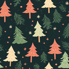 Festive pattern featuring colorful Christmas trees and foliage on dark background, perfect for holiday themed designs.