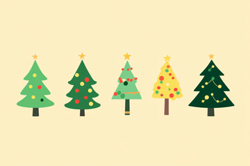 Colorful Christmas trees in various styles and decorations create festive atmosphere.