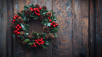 A beautiful wreath made of holly and pinecones, adorned with red berries, hanging on rustic wooden door, evokes warm holiday spirit.