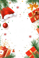 Festive Christmas border featuring red Santa hat, ornaments, and beautifully wrapped gifts, perfect for holiday greetings.