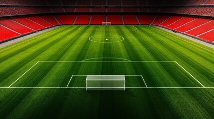 close-up of soccer field from above , stadium seating filled with fans , football pitch , football game day aerial view