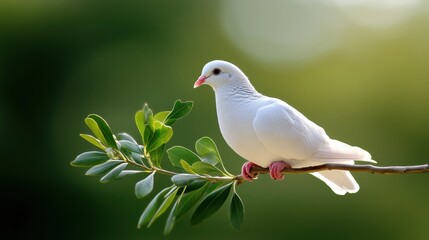 Obraz premium A white dove resting on a branch with an olive leaf in its beak, symbolizing peace and reconciliation