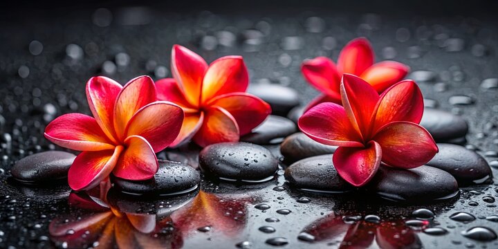Still life composition featuring vibrant red frangipani flowers and zen black stones against a wet background